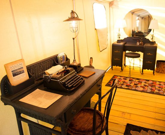 Bohemian Retreat Glamp Tent desk with typewriter by Antiques on Nine