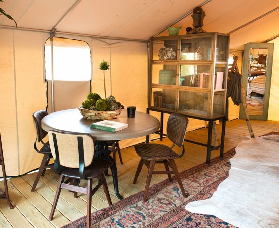 Wanderlust Glamp Tent interior dining area, by Hurlbutt Designs