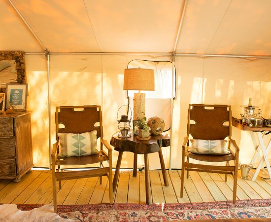 Wanderlust Glamp Tent chairs and side table, by Hurlbutt Designs