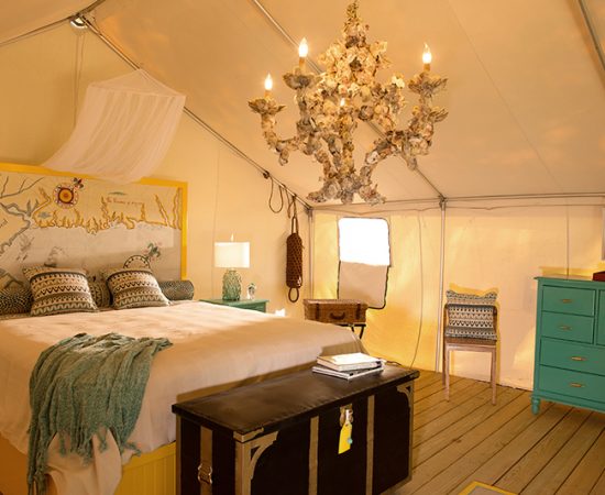 Nautical Nights sleeping area in glamp tent